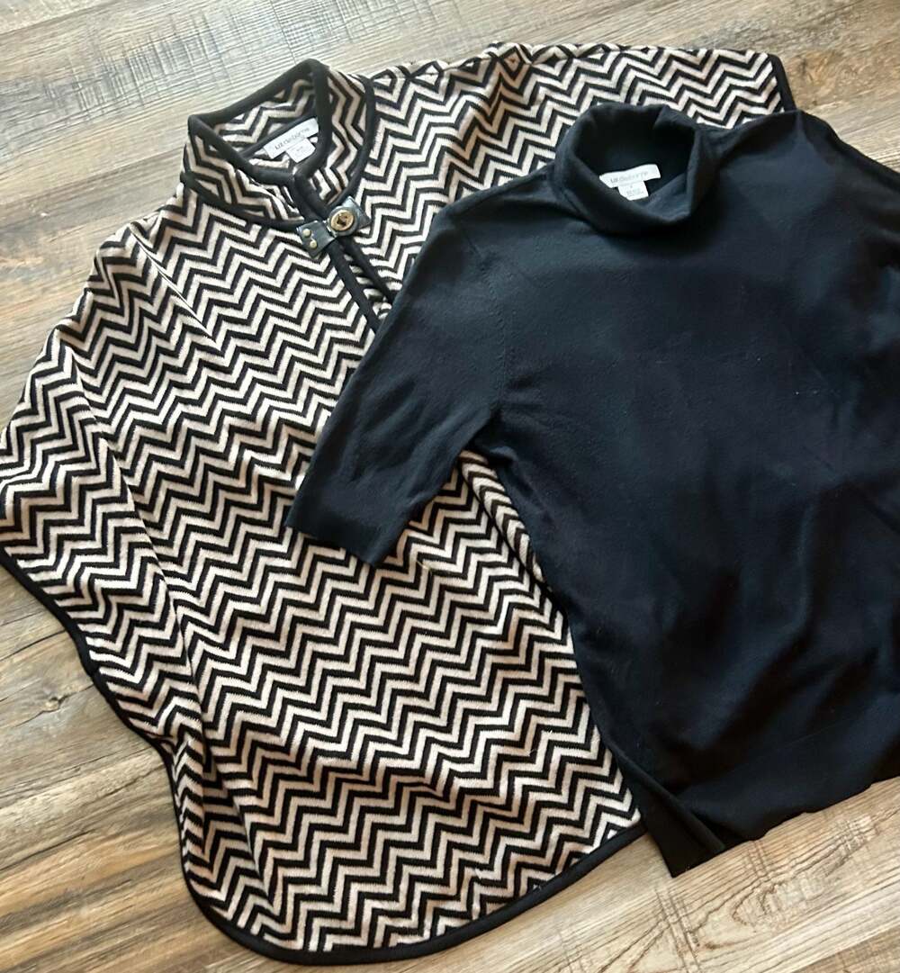 Liz Claiborne Chevron Pattern Knit Poncho and Black Mock Neck Sweater Set